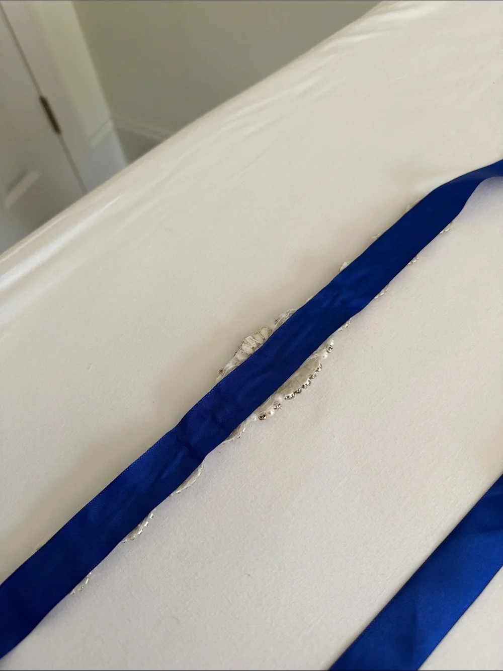 Rhinestone Floral Sash Belt with Royal Blue Ribbon